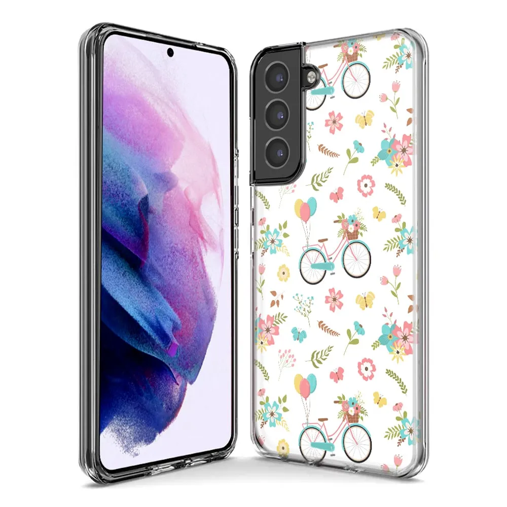 For Samsung Galaxy S23 Plus Cute Spring Floral Bicycles Slim Shockproof Hard Shell TPU Case Heavy Duty Protective Phone Cover