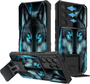 for Samsung Galaxy S24 Ultra 5G Case, Galaxy S24 Ultra Case with Slide Camera Cover, Dual Layer Built-in Kickstand Phone Case for Samsung S24 Ultra 5G, Wolf with Glowing Eyes in The Dark