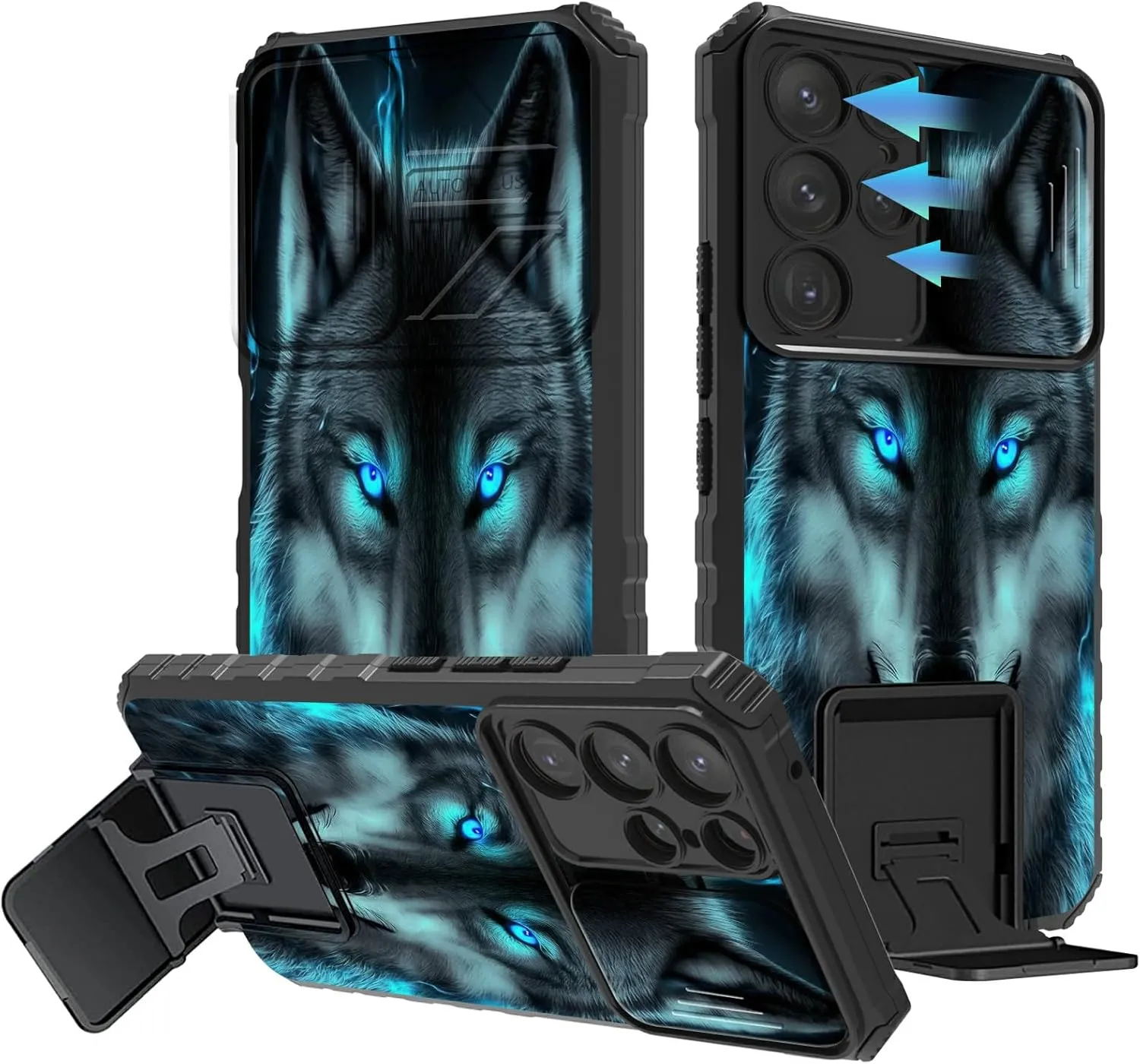 for Samsung Galaxy S24 Ultra 5G Case, Galaxy S24 Ultra Case with Slide Camera Cover, Dual Layer Built-in Kickstand Phone Case for Samsung S24 Ultra 5G, Wolf with Glowing Eyes in The Dark