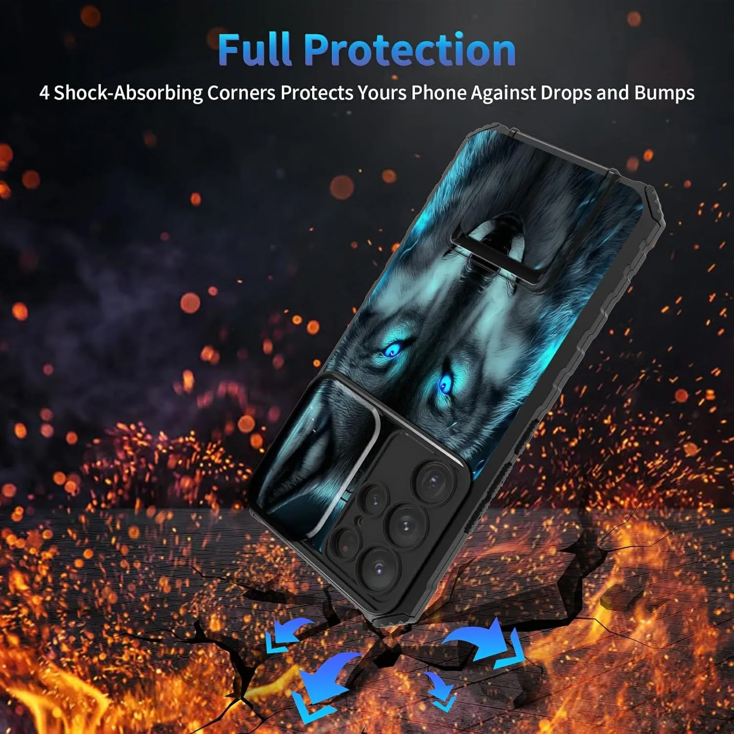 for Samsung Galaxy S24 Ultra 5G Case, Galaxy S24 Ultra Case with Slide Camera Cover, Dual Layer Built-in Kickstand Phone Case for Samsung S24 Ultra 5G, Wolf with Glowing Eyes in The Dark