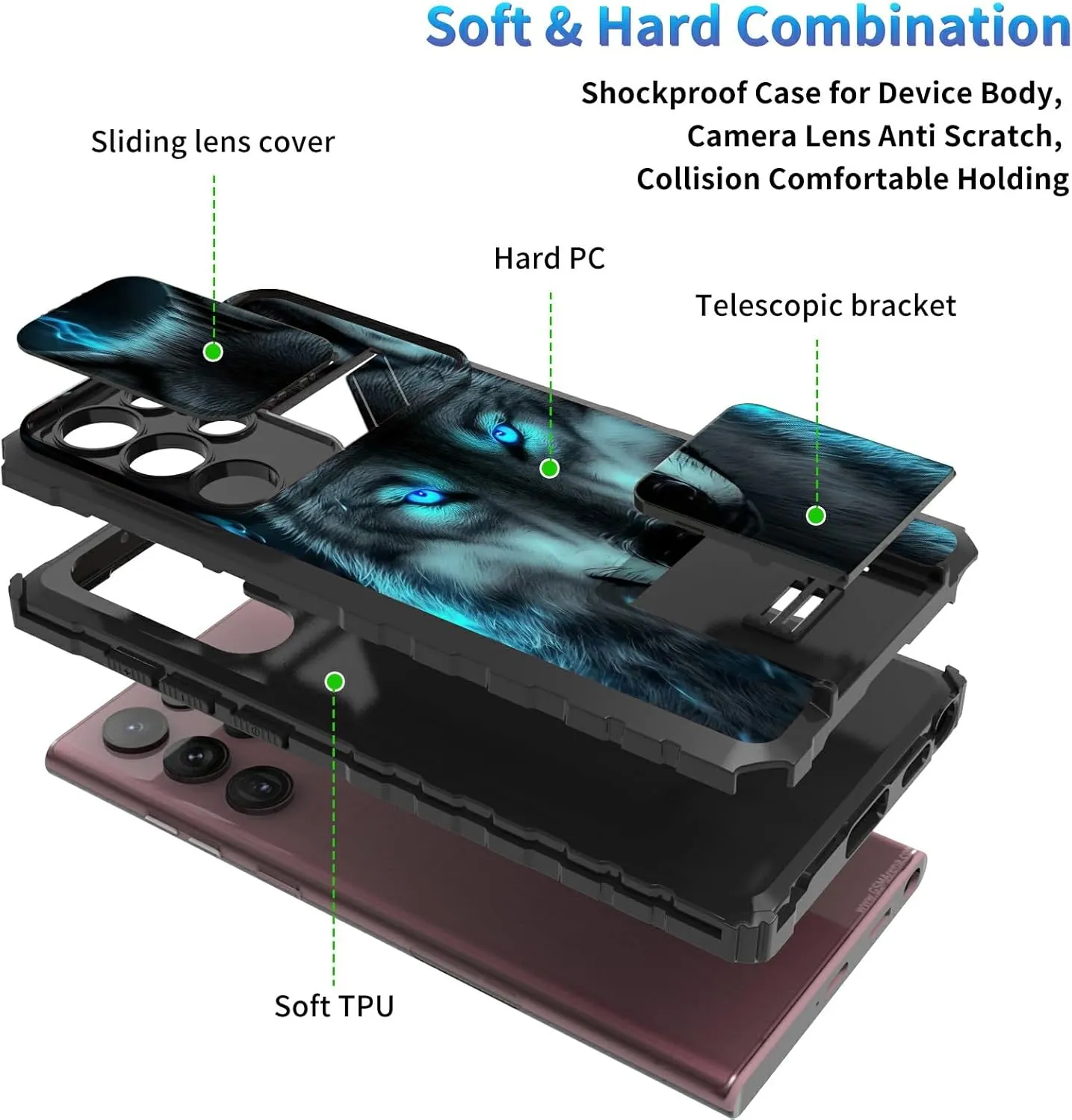 for Samsung Galaxy S24 Ultra 5G Case, Galaxy S24 Ultra Case with Slide Camera Cover, Dual Layer Built-in Kickstand Phone Case for Samsung S24 Ultra 5G, Wolf with Glowing Eyes in The Dark