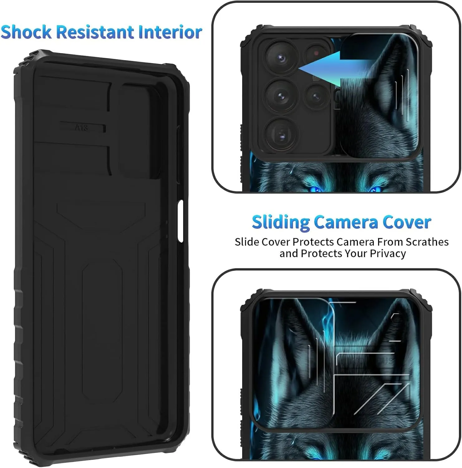 for Samsung Galaxy S24 Ultra 5G Case, Galaxy S24 Ultra Case with Slide Camera Cover, Dual Layer Built-in Kickstand Phone Case for Samsung S24 Ultra 5G, Wolf with Glowing Eyes in The Dark