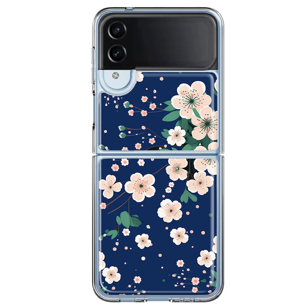 For Samsung Galaxy Z Flip 4 Kawaii Japanese Pink Cherry Blossom Navy Blue Design Hybrid Protective Phone Case Cover