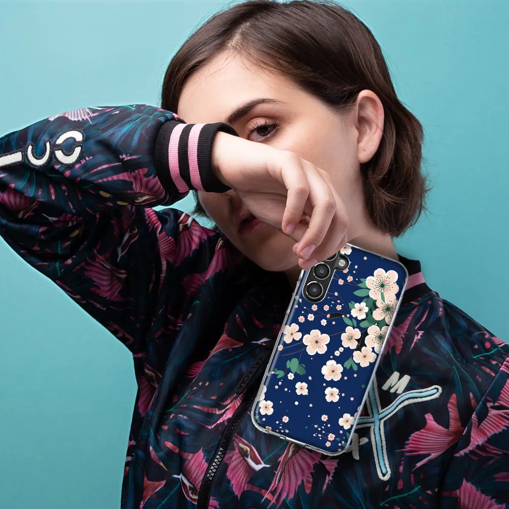 For Samsung Galaxy Z Flip 4 Kawaii Japanese Pink Cherry Blossom Navy Blue Design Hybrid Protective Phone Case Cover