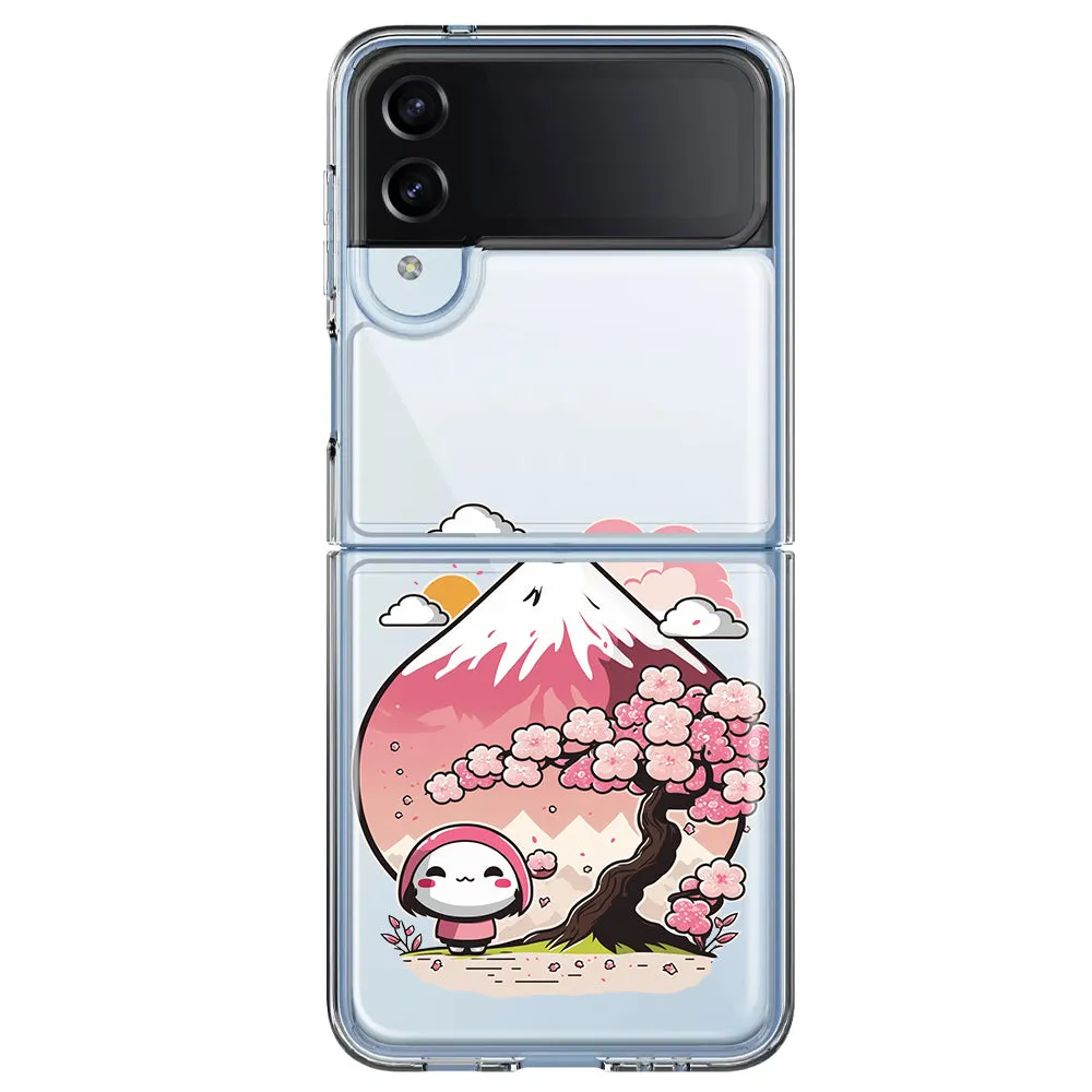 For Samsung Galaxy Z Flip 4 Kawaii Manga Pink Cherry Blossom Fuji Mountain Mochi Girl Hybrid Protective Phone Case Cover