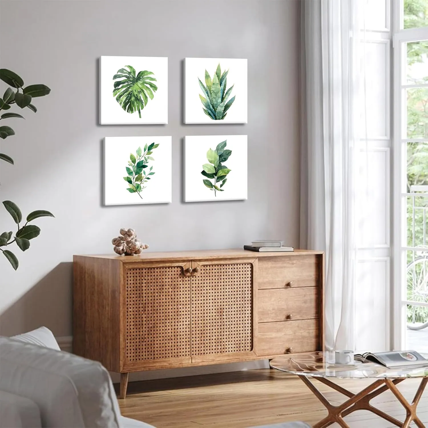 Framed Bathroom Canvas Wall Art Set of 4, Sage Green Botanical Pictures Wall Decor Paintings, Minimalist Plant Posters Prints for Bathroom Bedroom Living Room Home Decor 12x12In