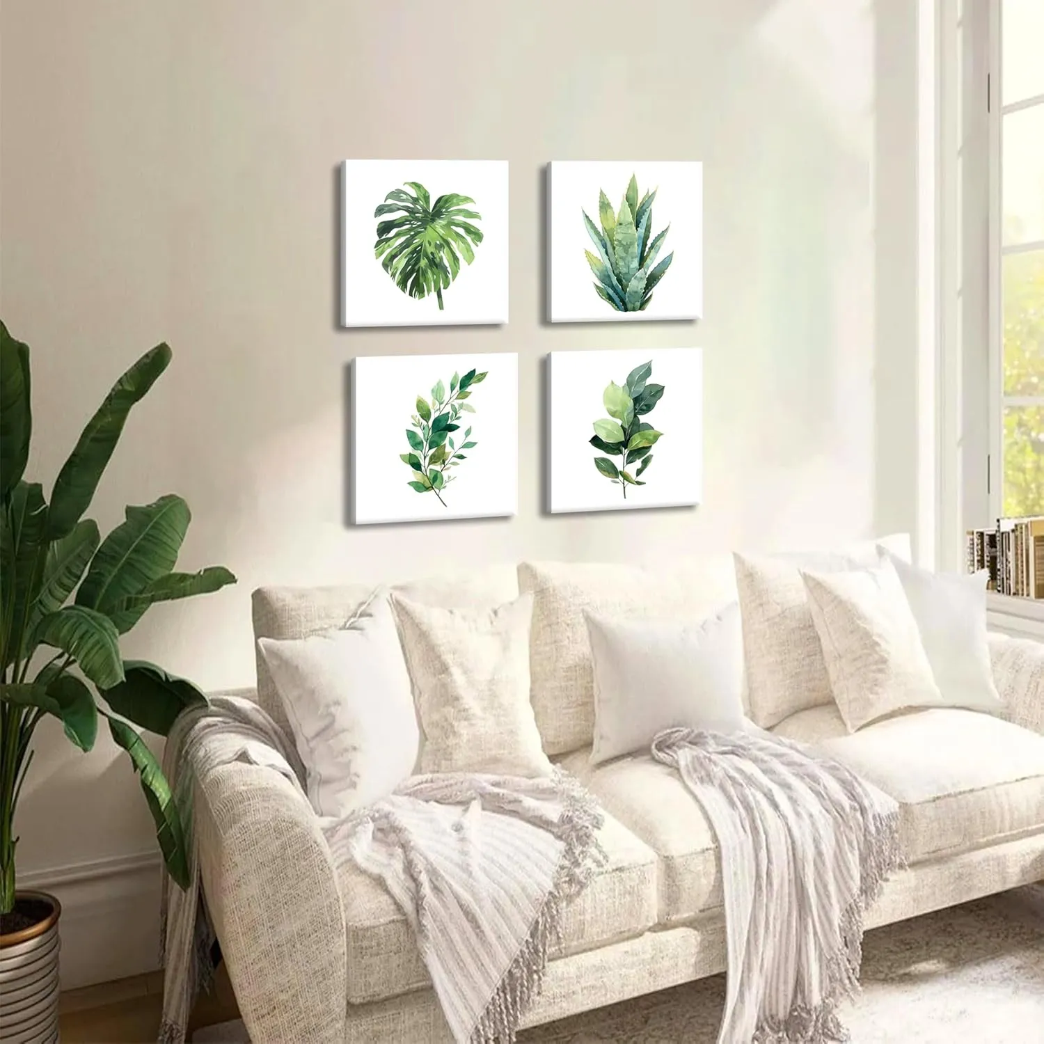 Framed Bathroom Canvas Wall Art Set of 4, Sage Green Botanical Pictures Wall Decor Paintings, Minimalist Plant Posters Prints for Bathroom Bedroom Living Room Home Decor 12x12In