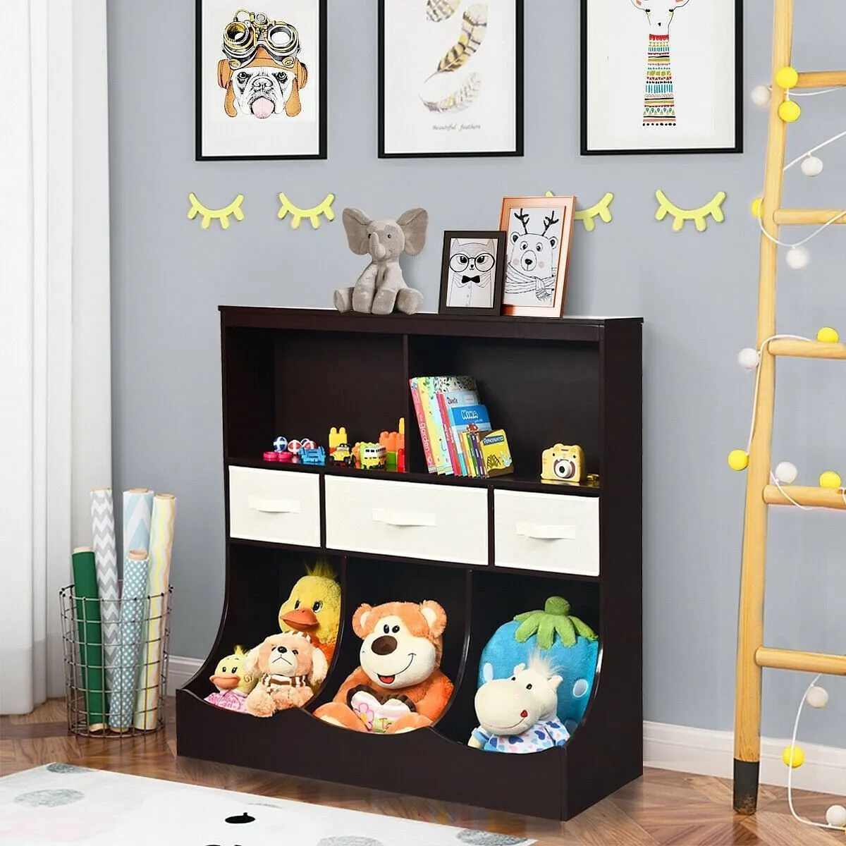 Freestanding Combo Cubby Bin Storage Organizer Unit W/3 Baskets-Brown - Color: B