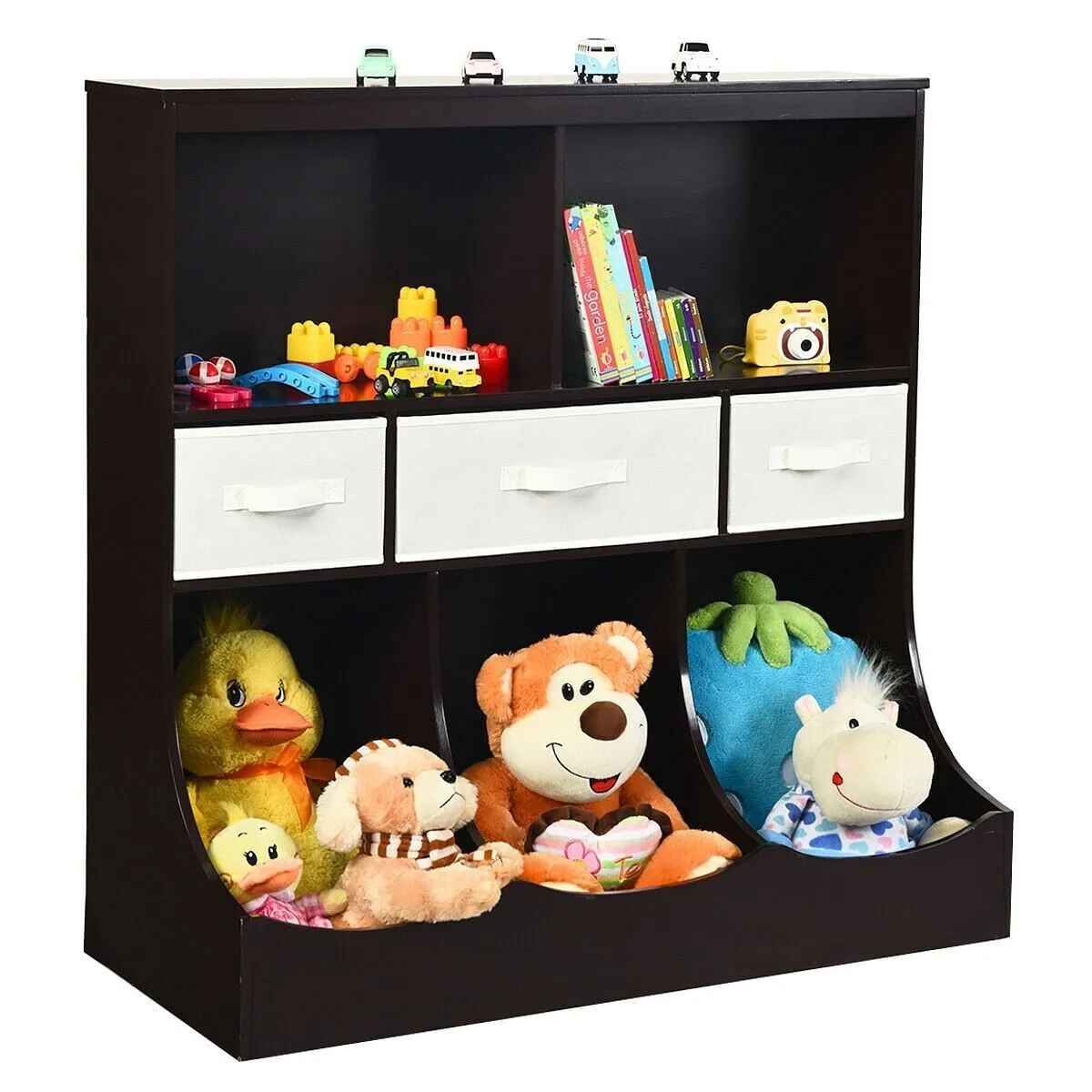 Freestanding Combo Cubby Bin Storage Organizer Unit W/3 Baskets-Brown - Color: B