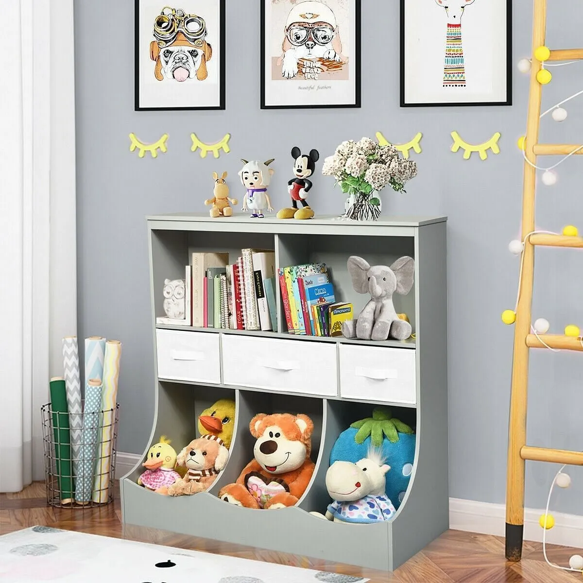 Freestanding Combo Cubby Bin Storage Organizer Unit W/3 Baskets-Gray - Color: Gr