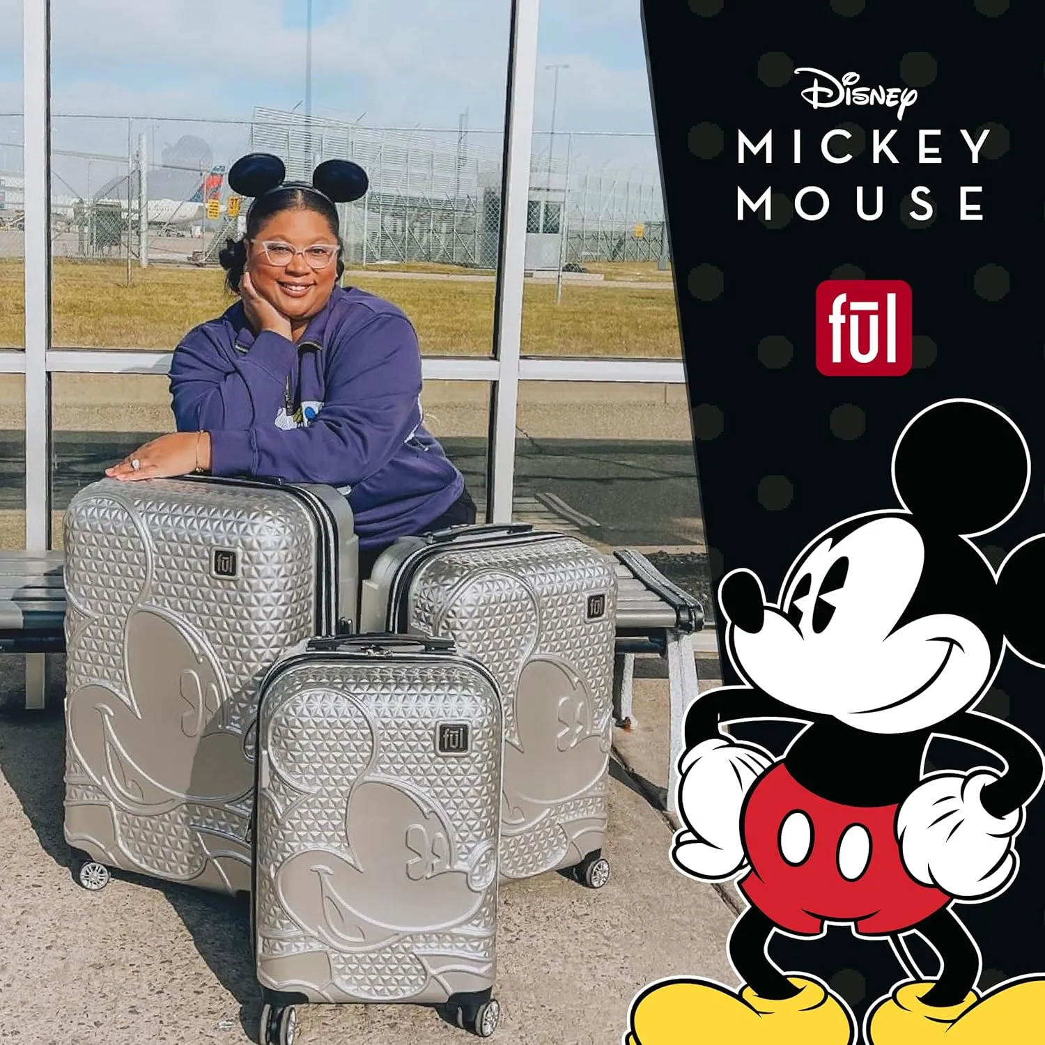 ful Disney Mickey Mouse 21 Inch Carry On Luggage, Hardside Rolling Suitcase with Spinner Wheels, Silver
