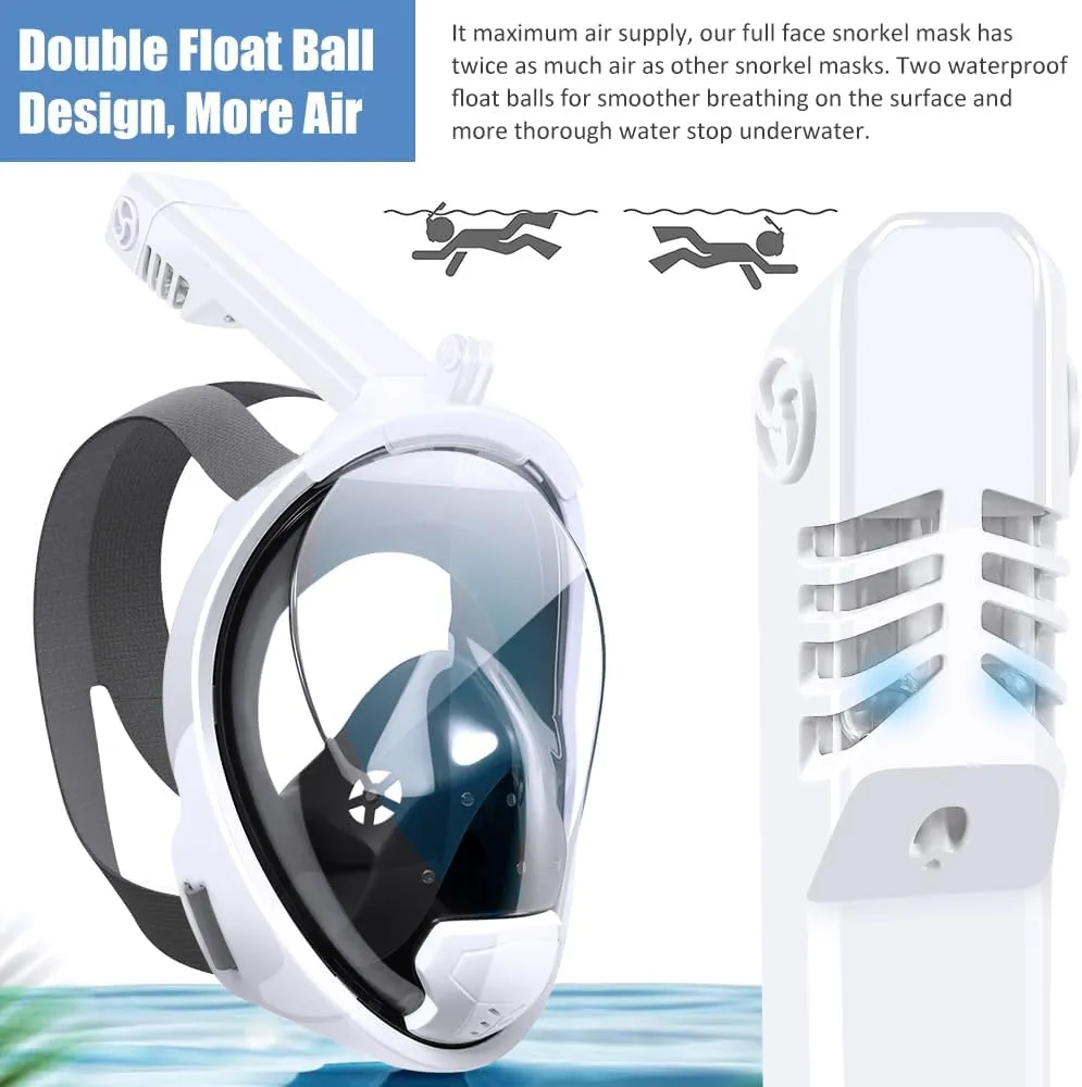 Full Face Snorkel Mask, 180°Panoramic View Double Floating Ball Snorkeling Mask, Anti-Fog Anti-Leak Full Face Diving Mask, with Detachable Camera Mount, for Adults Youth