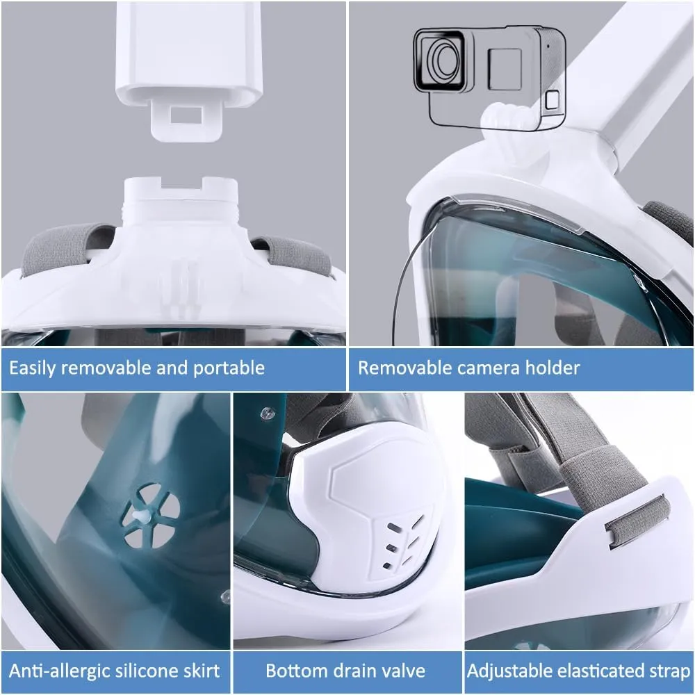 Full Face Snorkel Mask, 180°Panoramic View Double Floating Ball Snorkeling Mask, Anti-Fog Anti-Leak Full Face Diving Mask, with Detachable Camera Mount, for Adults Youth