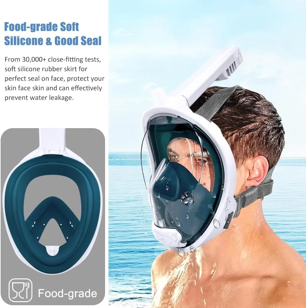 Full Face Snorkel Mask, 180°Panoramic View Double Floating Ball Snorkeling Mask, Anti-Fog Anti-Leak Full Face Diving Mask, with Detachable Camera Mount, for Adults Youth