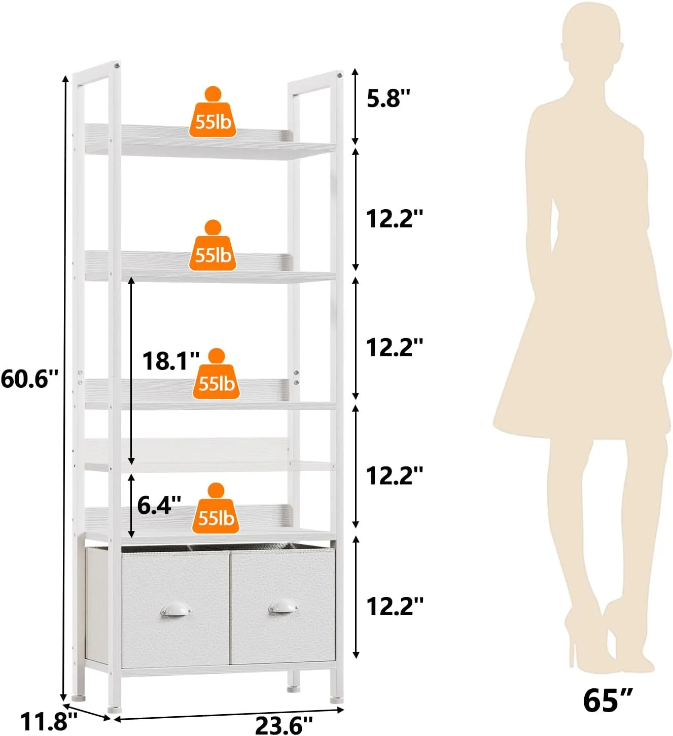 Furologee 5 Tier Bookshelf with Drawers, White Tall Bookcase with Shelves, Wood and Metal Bookshelves Storage Organizer, Modern Display Free Standing Shelf Unit for Bedroom, Living Room, Office