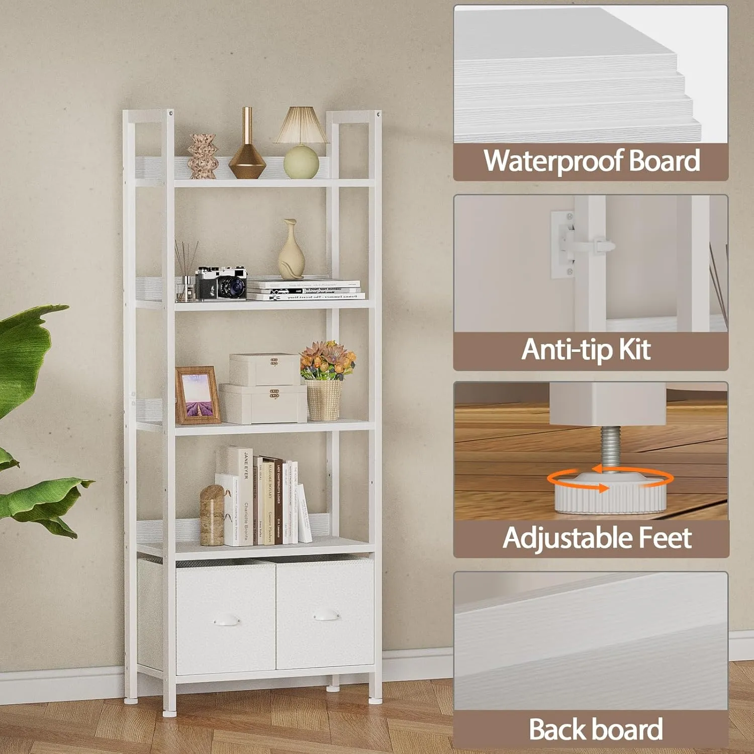 Furologee 5 Tier Bookshelf with Drawers, White Tall Bookcase with Shelves, Wood and Metal Bookshelves Storage Organizer, Modern Display Free Standing Shelf Unit for Bedroom, Living Room, Office