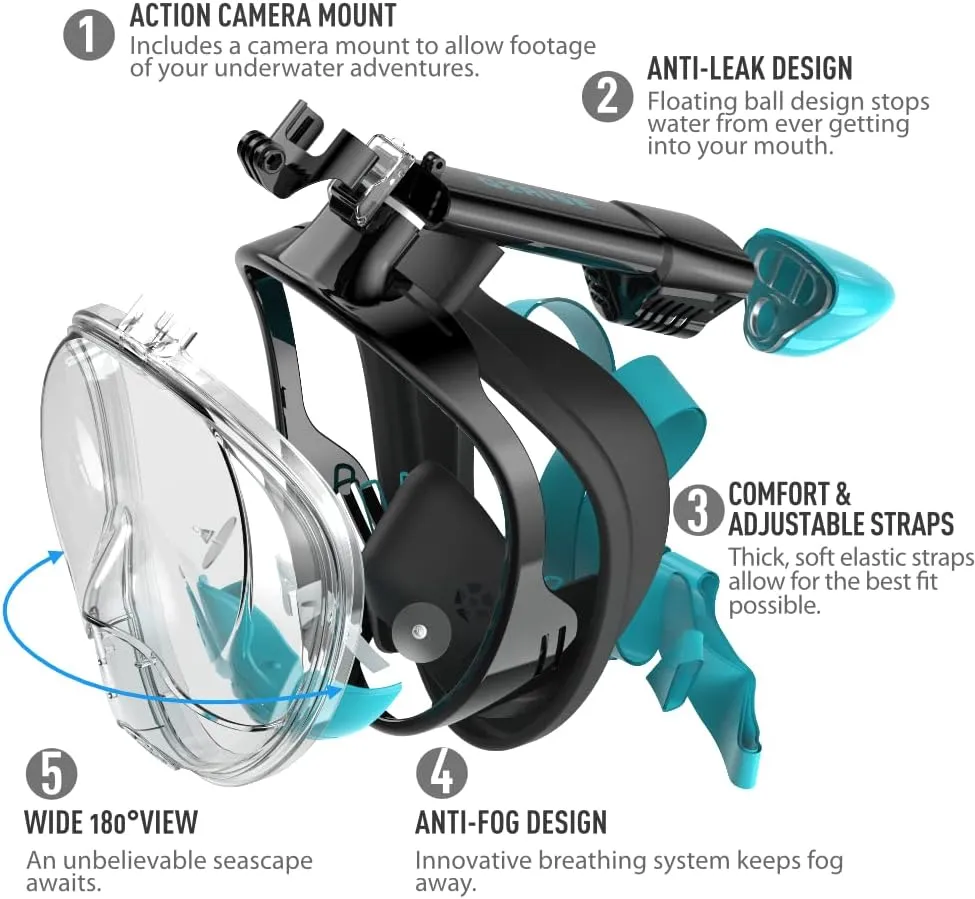 G2RISE Full Face Snorkel Mask Adults Snorkeling Set Gear for Kids with Detachable Camera Mount, Safe Breathing, Anti Fog Anti Leak