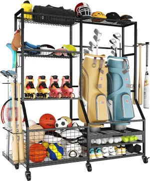 Gadroad Sports Equipment Organizer, Ball Rack, Gear & Ball Storage - Garage Organizer with Baskets, Hooks & Rolling Cart - Black