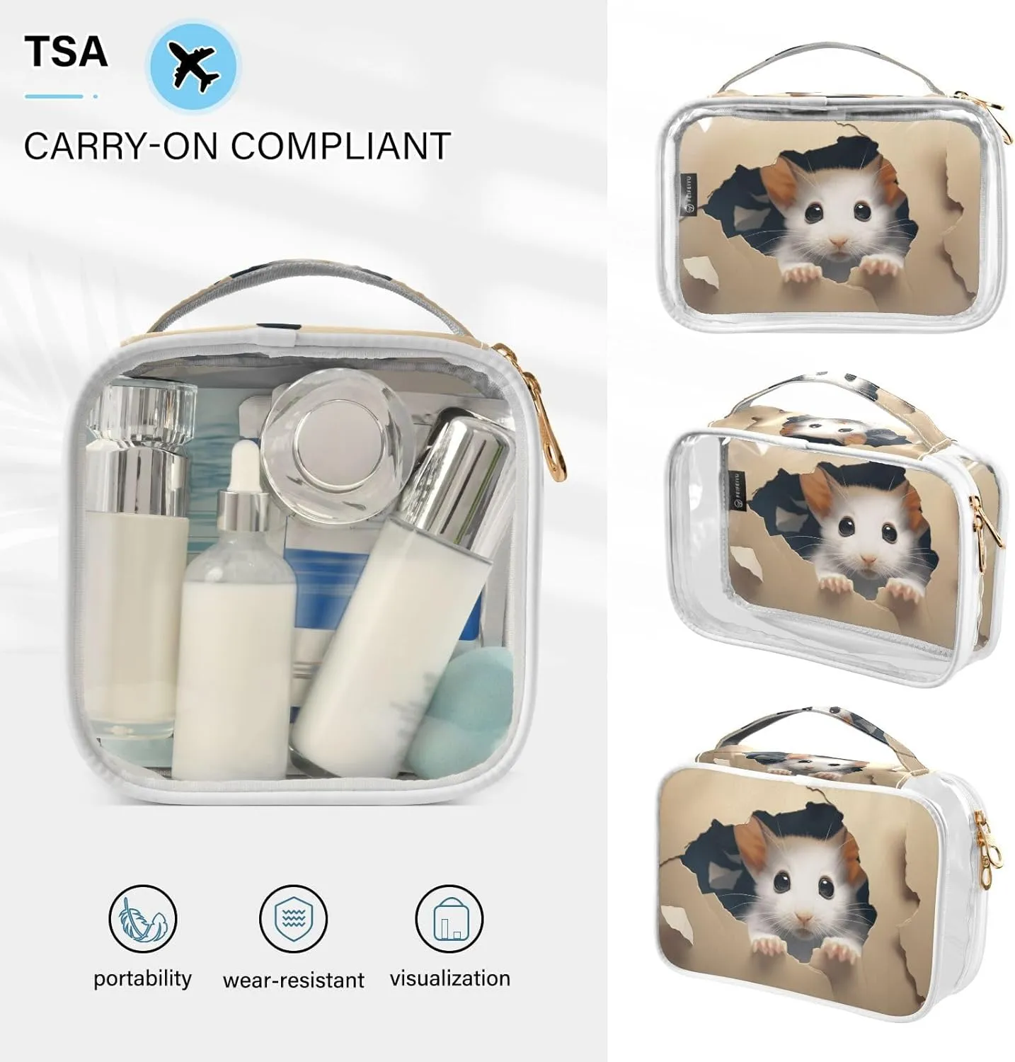 GAIGEO Cute Mouse Behind Broken Wall Tsa Approved Clear Bag, Clear Plastic Toiletry Bags for Traveling, Toiletry Bags for Women, 2 Pack