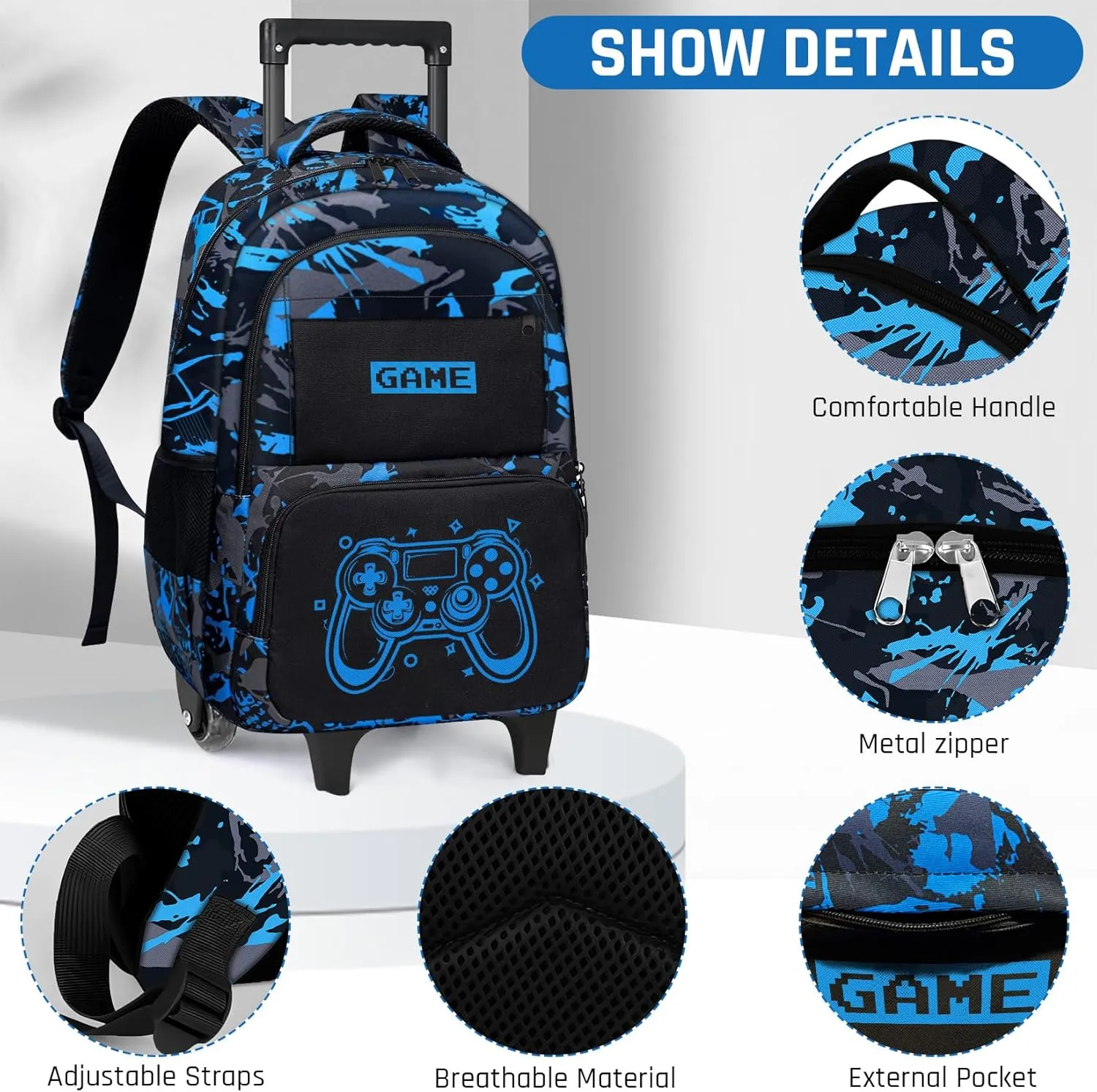 Gamer Rolling Backpack for Boys - 3PCS Boys Rolling Backpack with Lunch Box Set for Kids Children Teens Elementary Middle School,Glow in The Dark Roller Bookbag with Wheels for Age 6-18