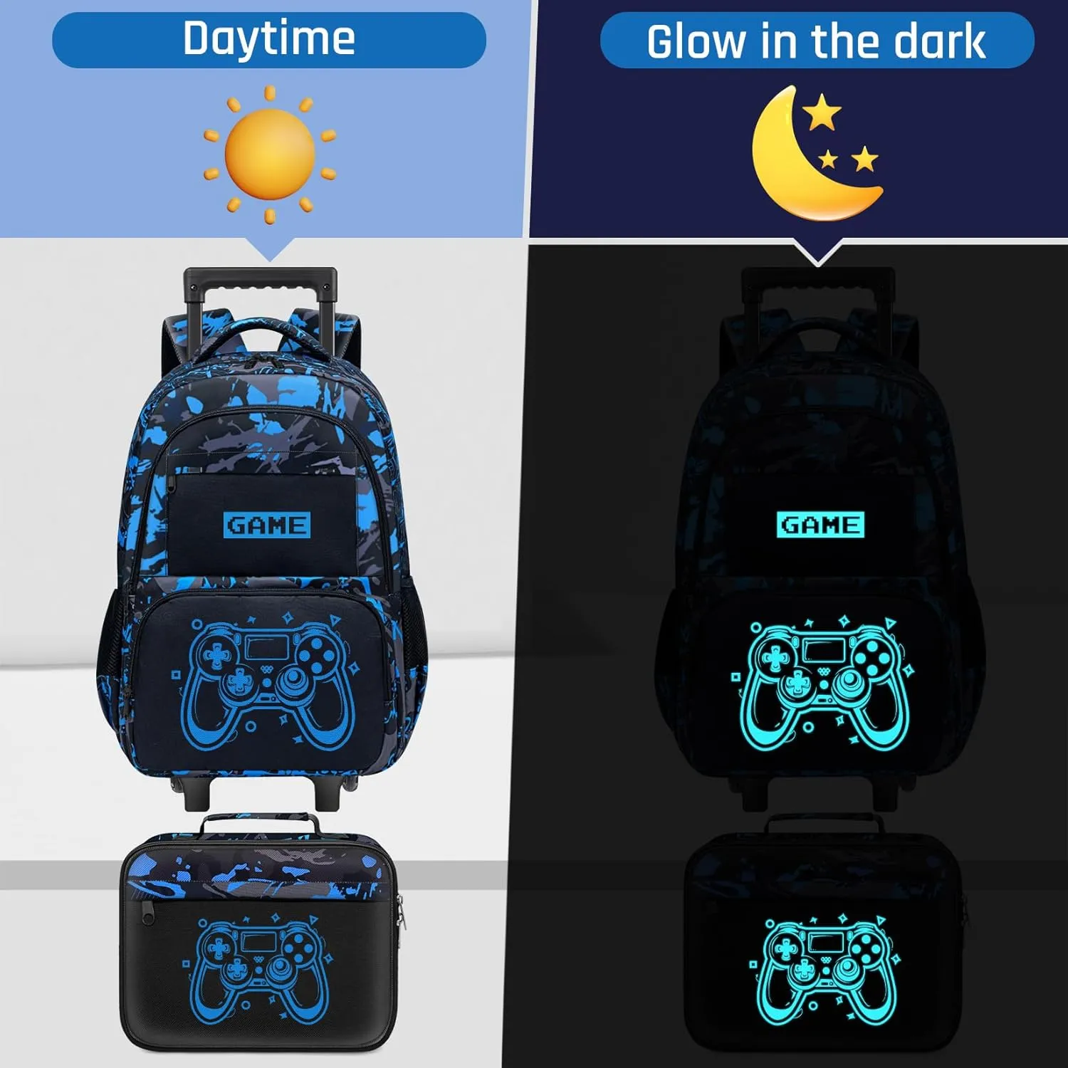 Gamer Rolling Backpack for Boys - 3PCS Boys Rolling Backpack with Lunch Box Set for Kids Children Teens Elementary Middle School,Glow in The Dark Roller Bookbag with Wheels for Age 6-18