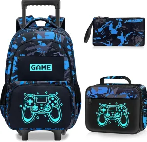 Gamer Rolling Backpack for Boys - 3PCS Boys Rolling Backpack with Lunch Box Set for Kids Children Teens Elementary Middle School,Glow in The Dark Roller Bookbag with Wheels for Age 6-18