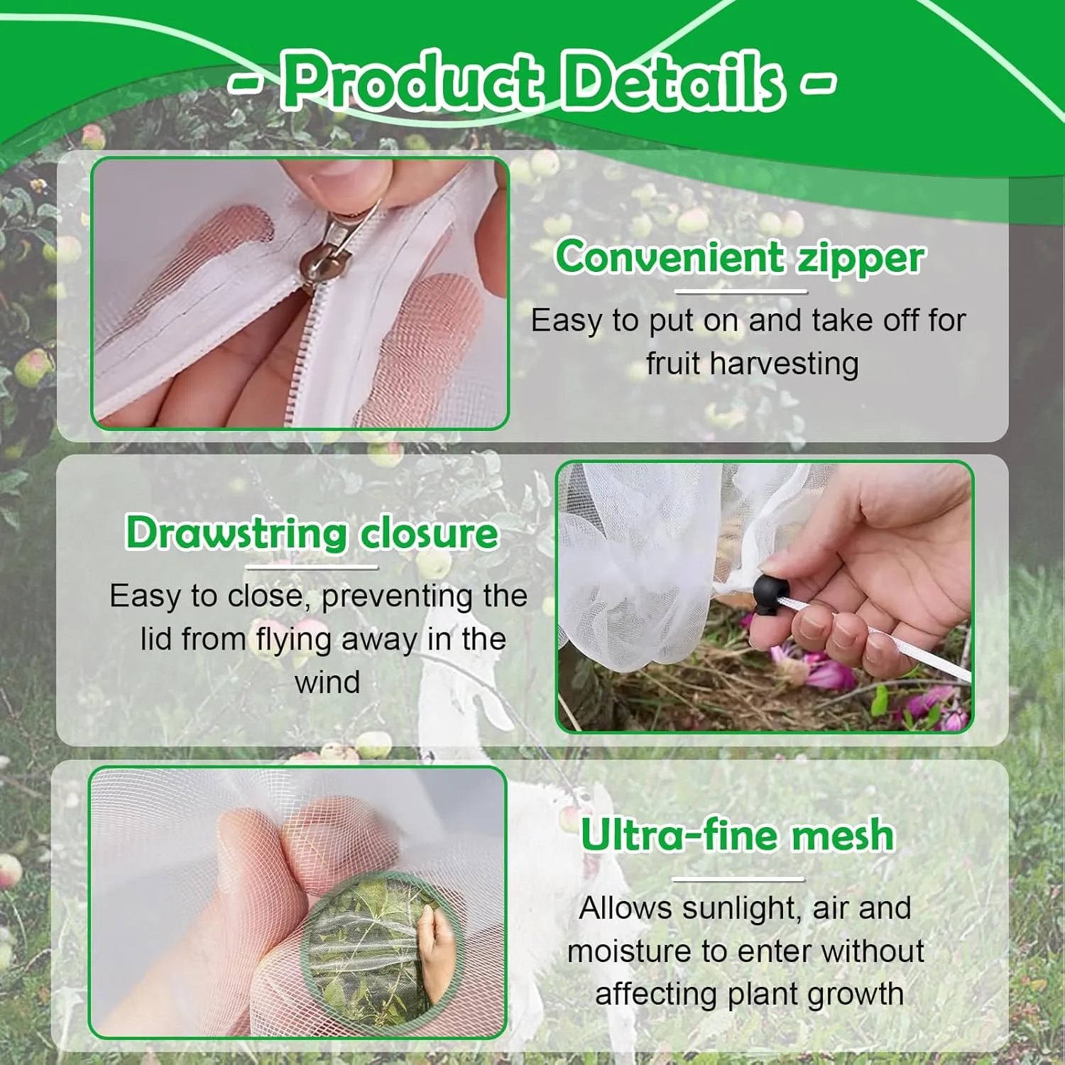 Garden Netting Covers for Plants 120cm x 150cm / 3.9ft*4.9ft PET Anti-Pest Bird Net with Zipper & Drawstring Blocks Squirrels, Birds, Aphids & Extreme Weather 4-Pack Berry Bush Protectors