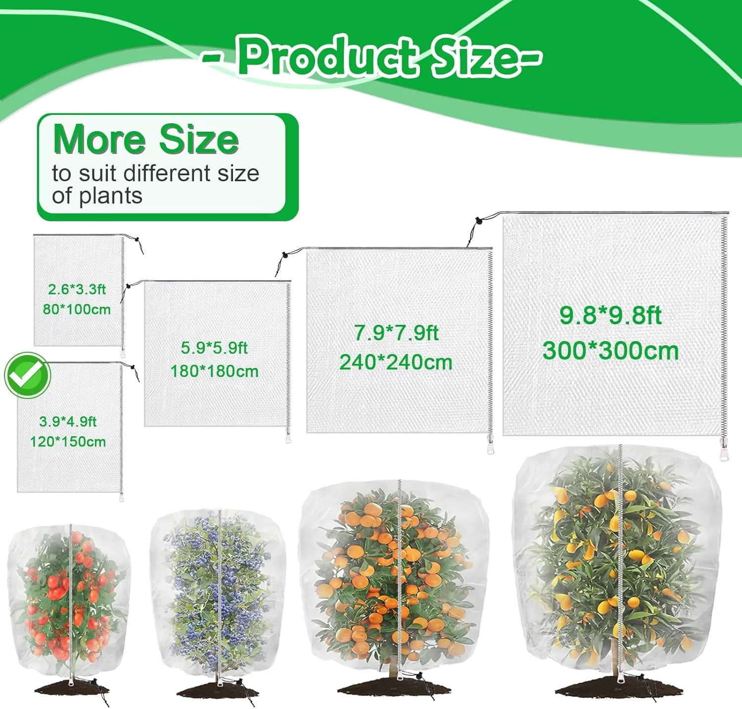 Garden Netting Covers for Plants 120cm x 150cm / 3.9ft*4.9ft PET Anti-Pest Bird Net with Zipper & Drawstring Blocks Squirrels, Birds, Aphids & Extreme Weather 4-Pack Berry Bush Protectors