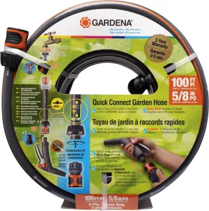 GARDENA (39100) 100 Foot 5/8" Heavy-Duty Quick Connect Hose, Heavy-Duty 5-Ply Design, Includes Quick Connectors and Adadpters, Kink-Resistant
