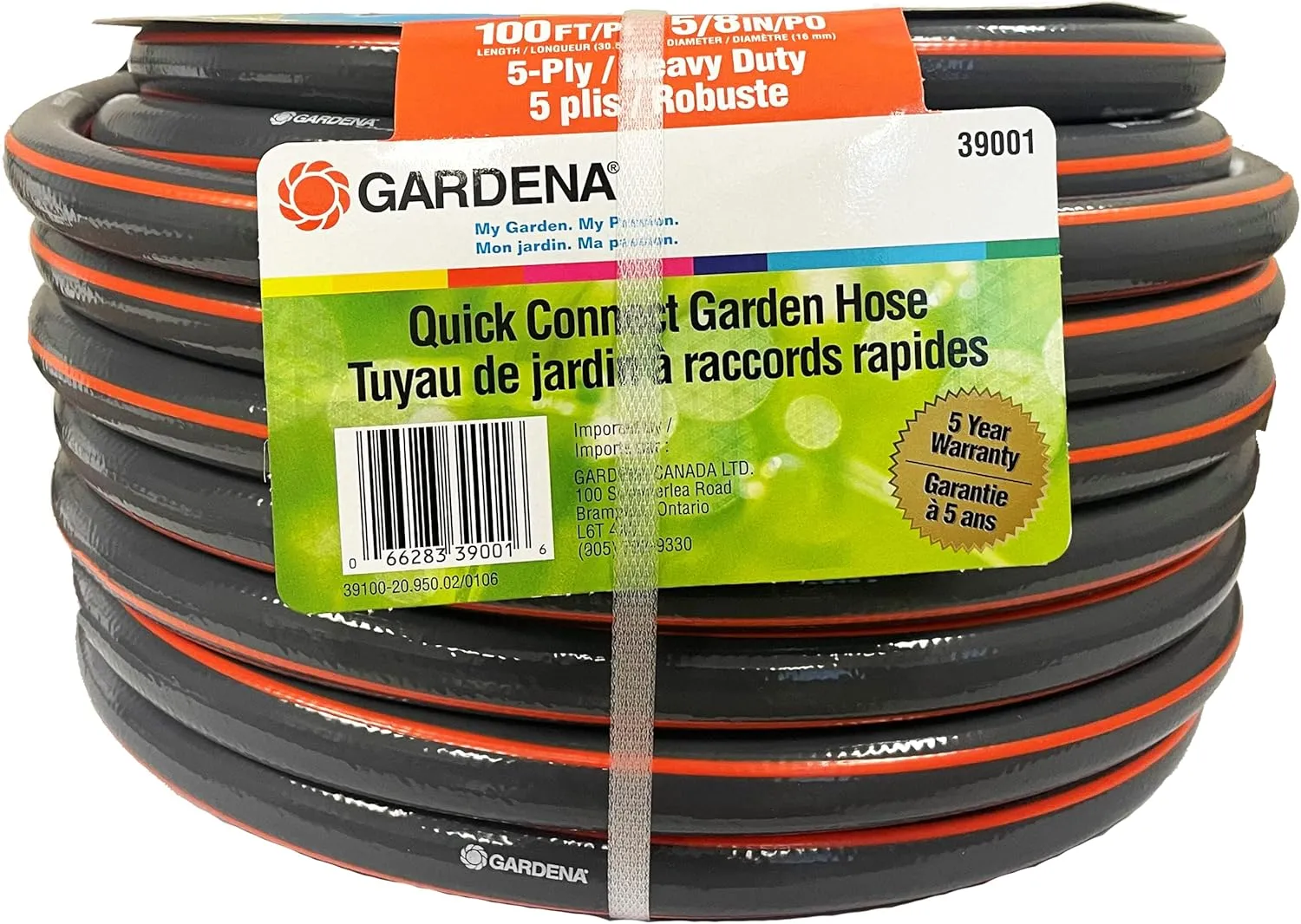 GARDENA (39100) 100 Foot 5/8" Heavy-Duty Quick Connect Hose, Heavy-Duty 5-Ply Design, Includes Quick Connectors and Adadpters, Kink-Resistant