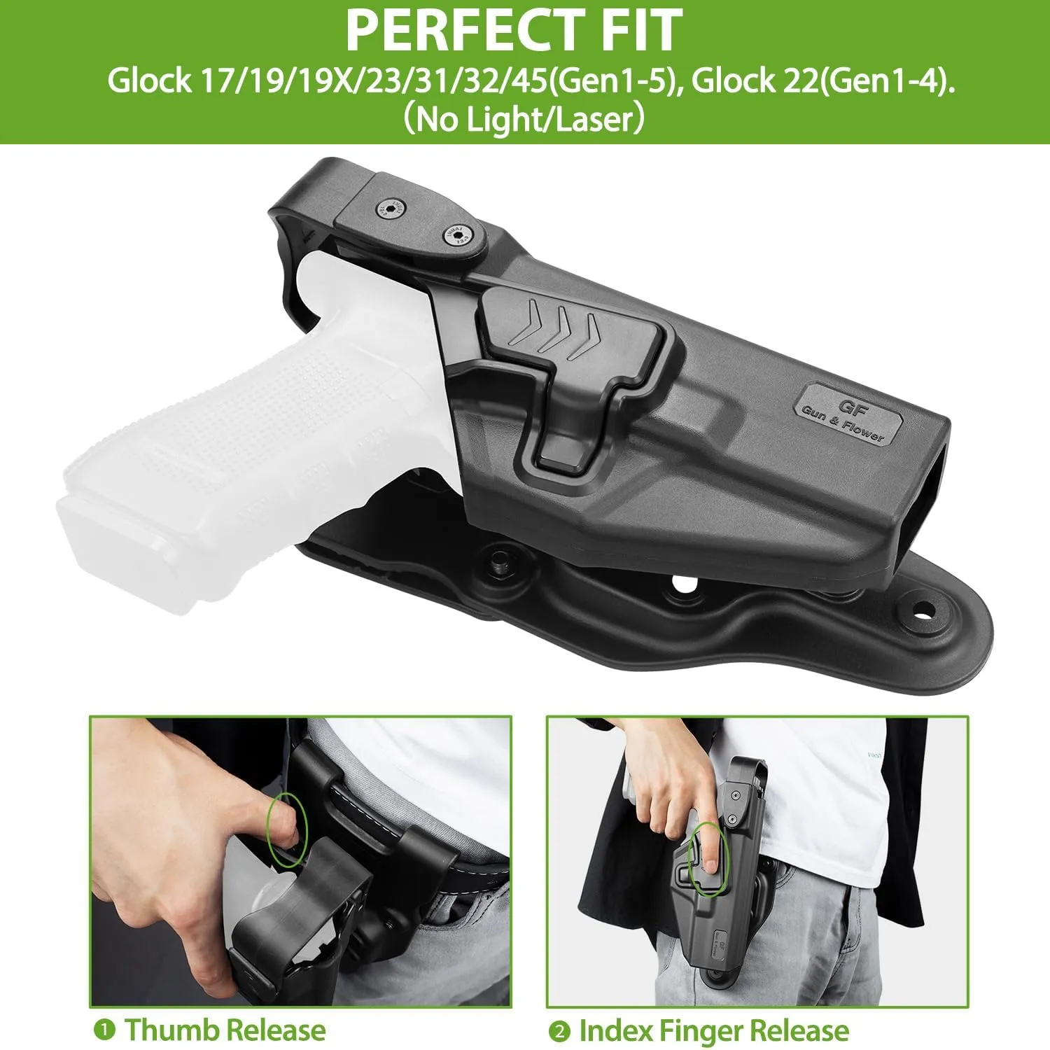Glock 17/19/31/32 (Gen 1-5), G22/23 (Gen 1-4), G19X 44 45 Level II/III Retention Holster - Law Enforcement Duty Option