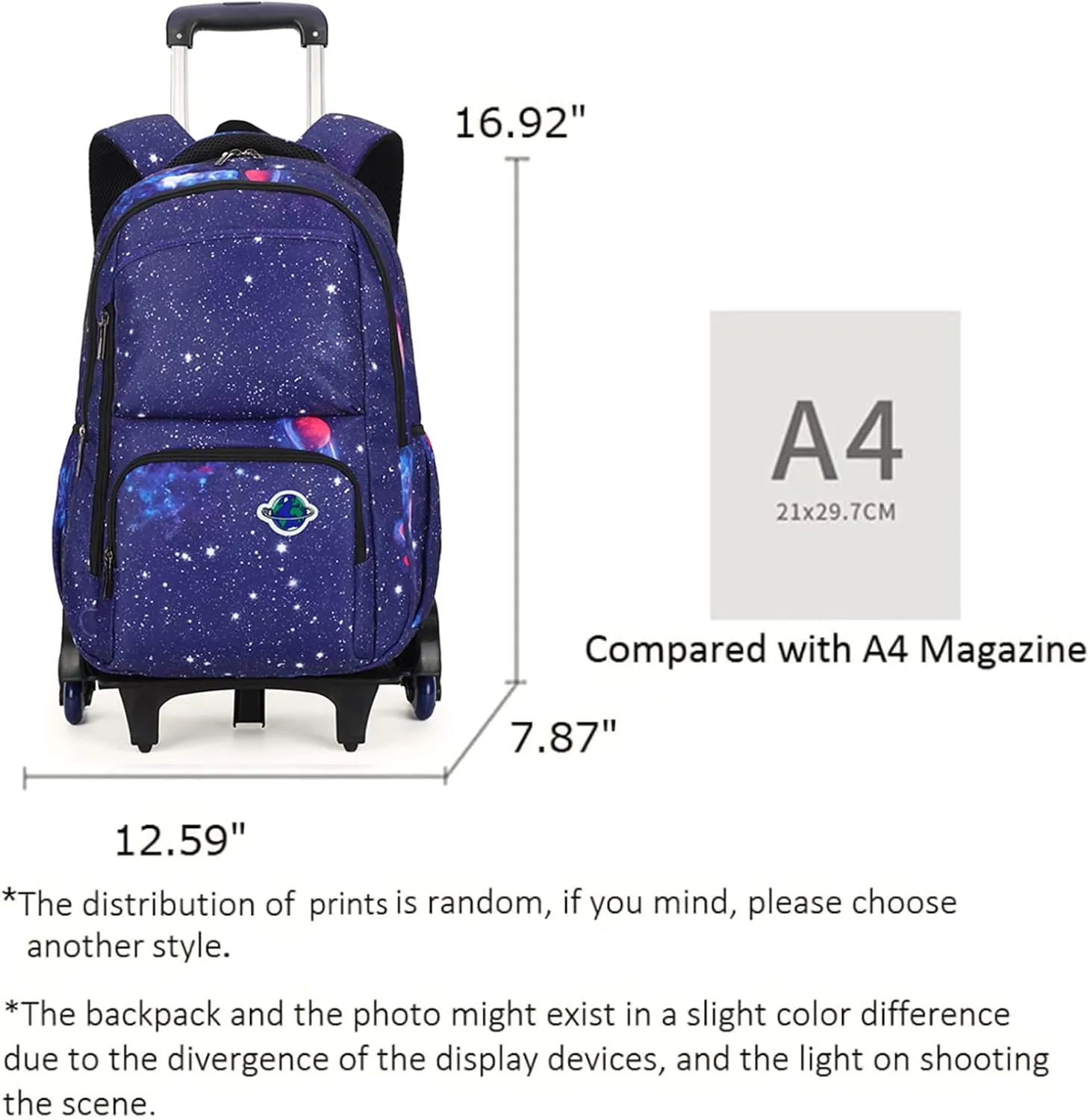 GLOOMALL Starry Sky Kids Trolley Rolling Backpack Primary School Bookbag with Wheels Travel Luggage (Deep Blue Starry Sky)