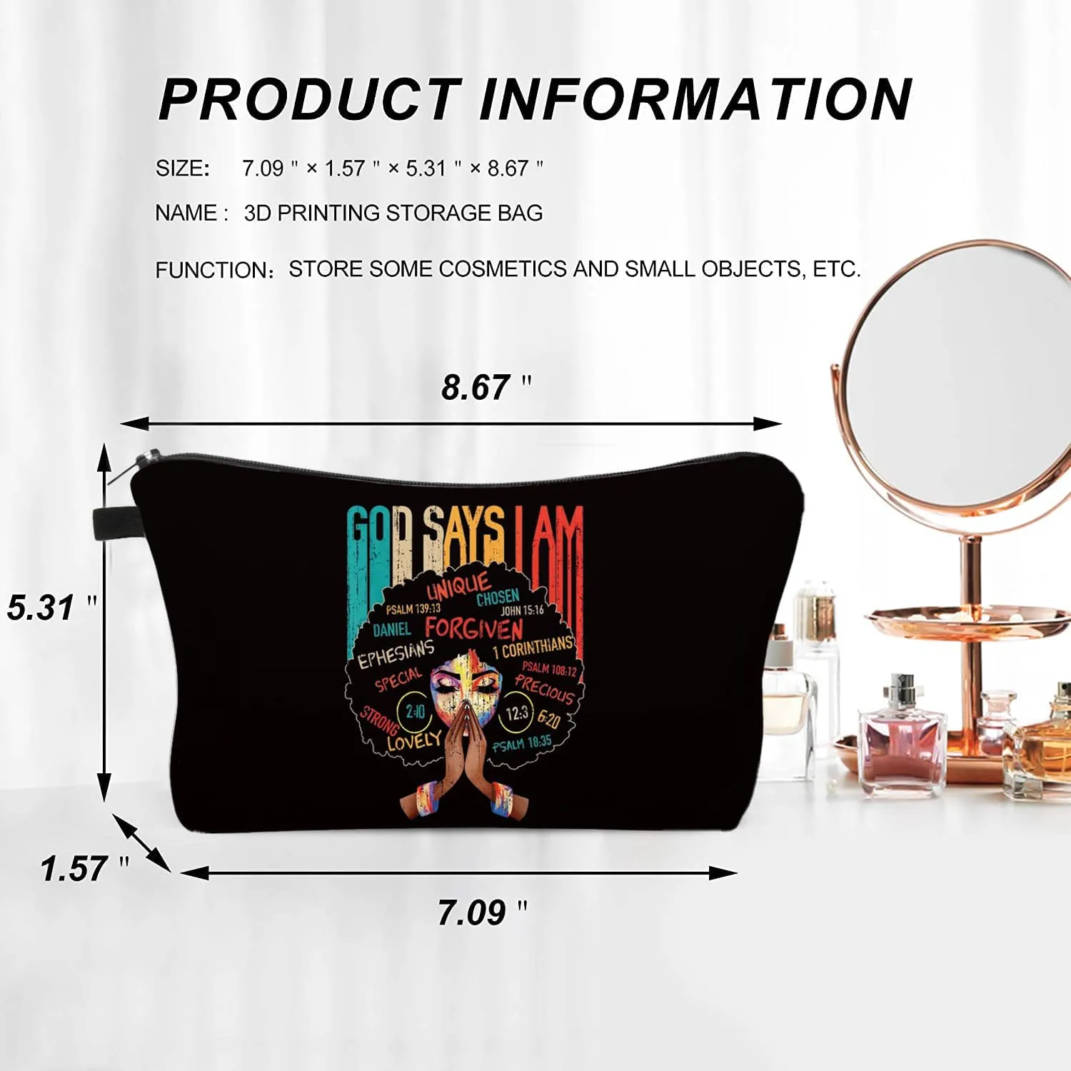 God Says I Am Unique African American Makeup Bag – Black Empowerment Cosmetic Organizer for Women, Inspirational Quote Gift for Black Girl Magic & Self-Love