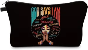 God Says I Am Unique African American Makeup Bag – Black Empowerment Cosmetic Organizer for Women, Inspirational Quote Gift for Black Girl Magic & Self-Love