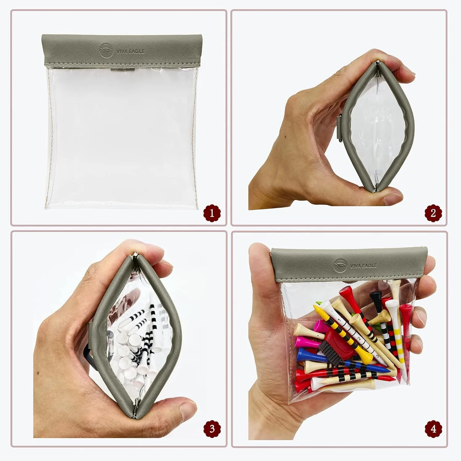 Golf Tee Pouch Bag Organizer with Clip, Transparent Squeeze Top Pocket for Golf Accessory and Valuable | 15 Bamboo Tees Included