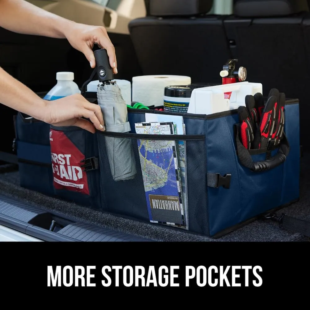 GORILLA GRIP Large Capacity Sturdy Trunk Storage Organizer, Slip and Water Resistant Collapsible Organization Container for Car Sedan or SUV, Multi Compartment Container Box Vehicle Accessories, Blue