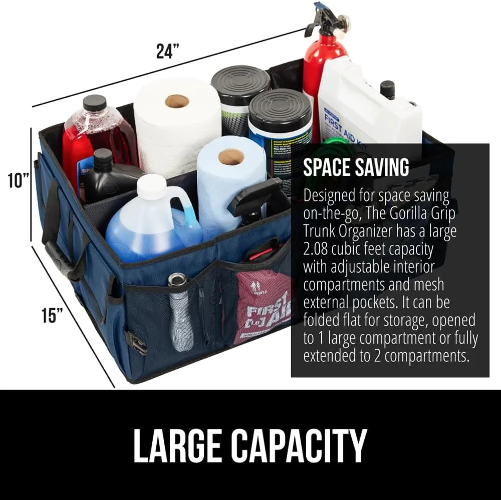GORILLA GRIP Large Capacity Sturdy Trunk Storage Organizer, Slip and Water Resistant Collapsible Organization Container for Car Sedan or SUV, Multi Compartment Container Box Vehicle Accessories, Blue