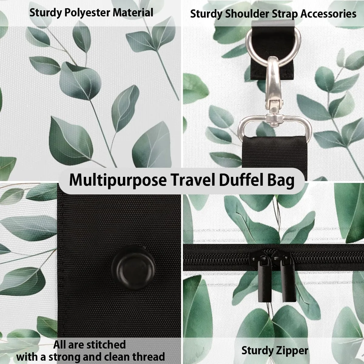 Green Eucalyptus Travel Duffle Bag for Women Men Gym Duffel Foldable Bag Waterproof Weekender Watercolor Floral Plant Leaf Duffle Tote