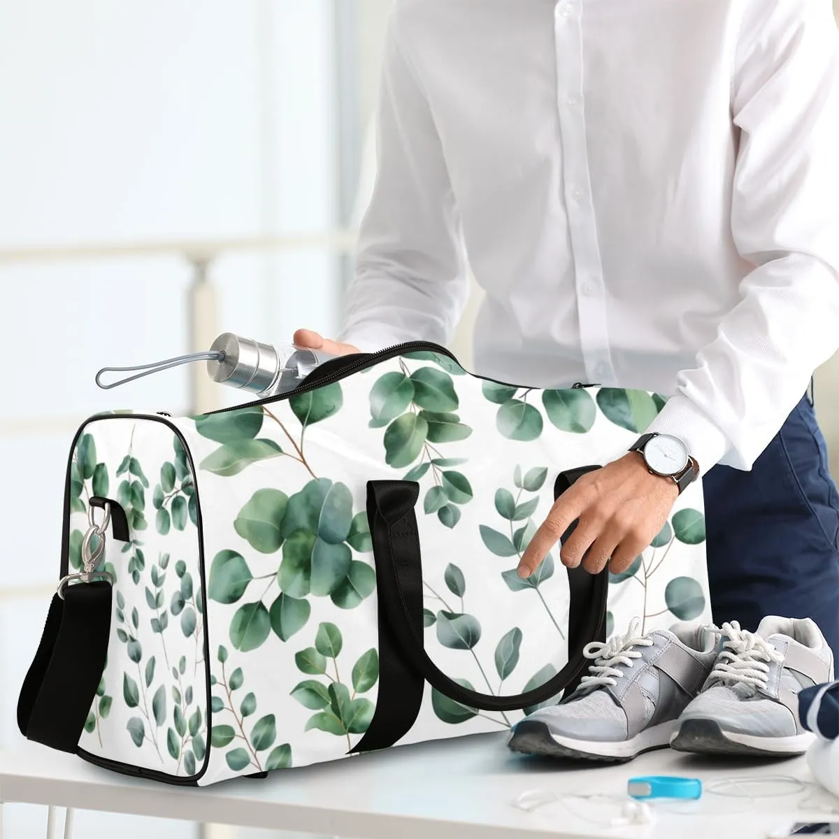 Green Eucalyptus Travel Duffle Bag for Women Men Gym Duffel Foldable Bag Waterproof Weekender Watercolor Floral Plant Leaf Duffle Tote