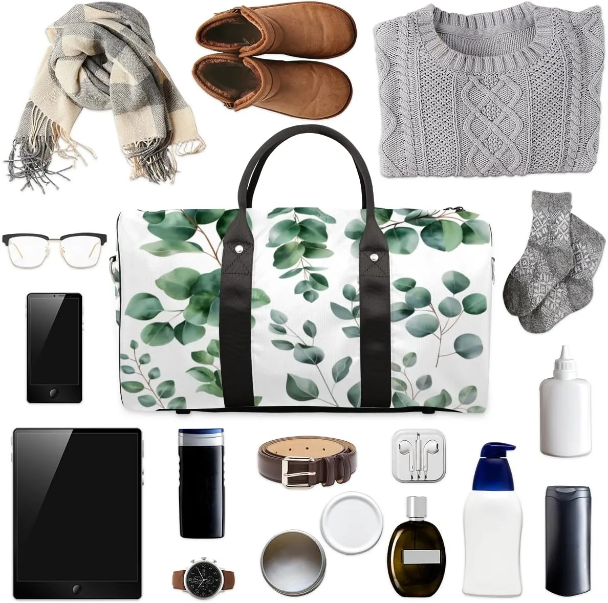 Green Eucalyptus Travel Duffle Bag for Women Men Gym Duffel Foldable Bag Waterproof Weekender Watercolor Floral Plant Leaf Duffle Tote