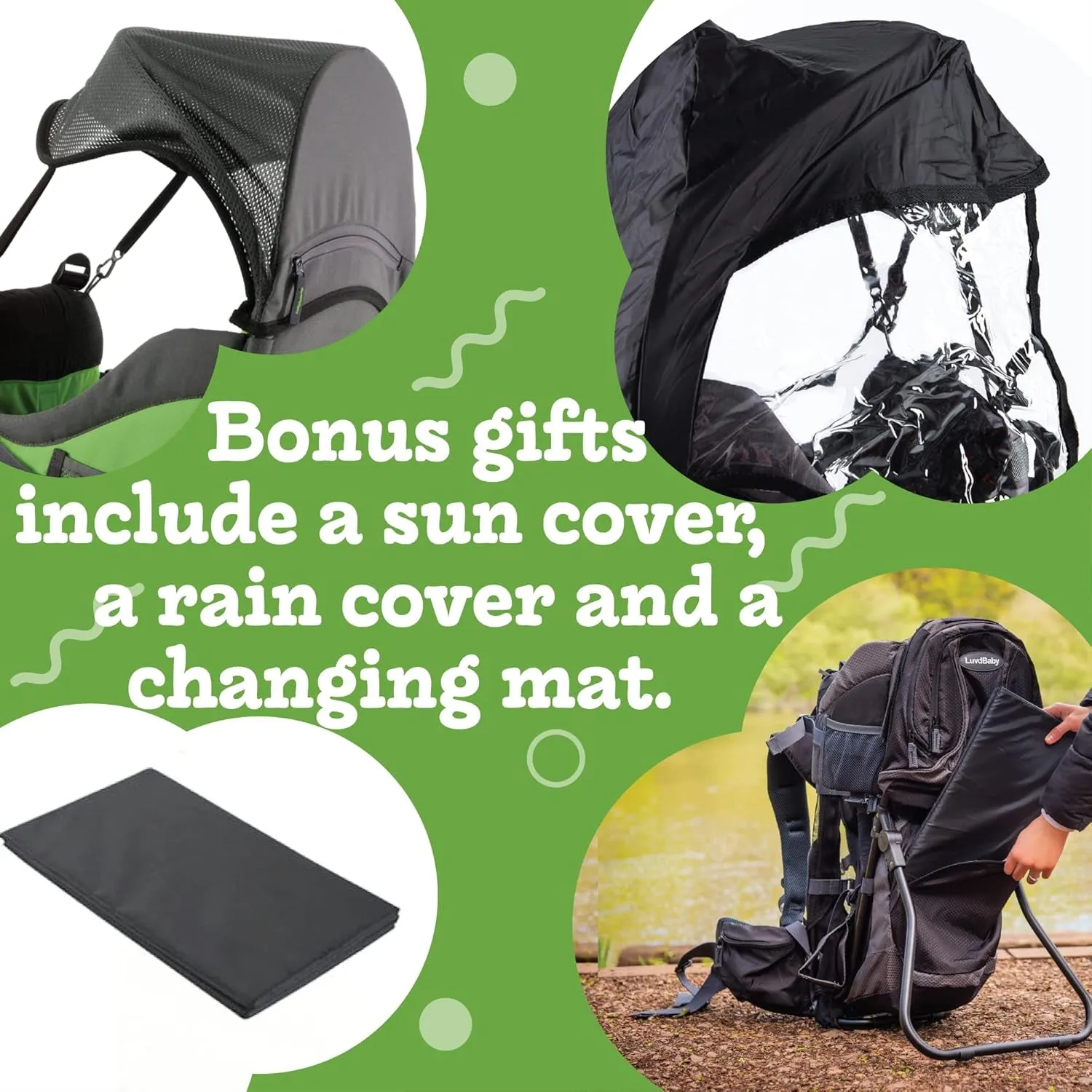 Green Hiking Baby Carrier Backpack System with Diaper Change Pad, Insulated Pocket   Hood to Protect Your Child