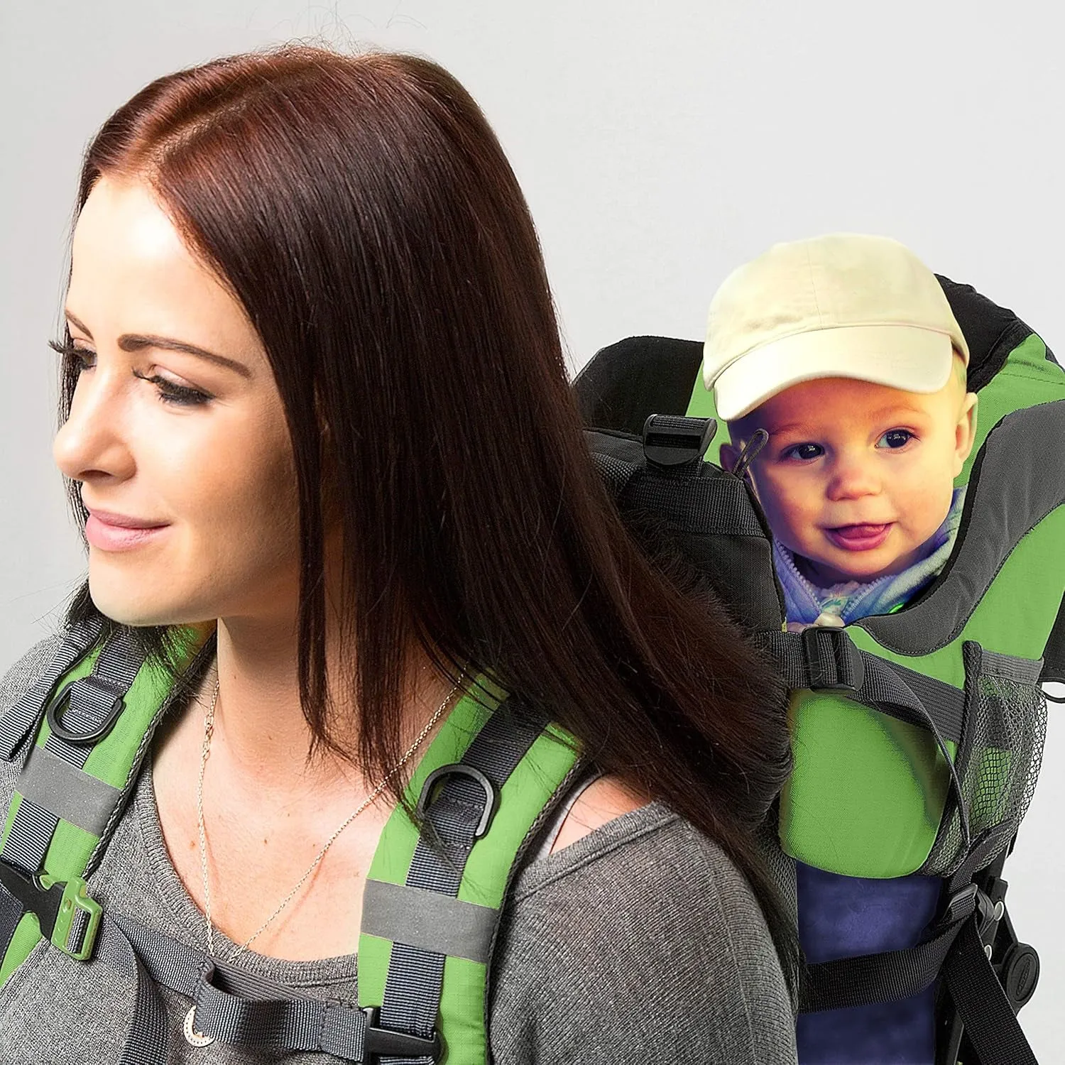 Green Hiking Baby Carrier Backpack System with Diaper Change Pad, Insulated Pocket   Hood to Protect Your Child