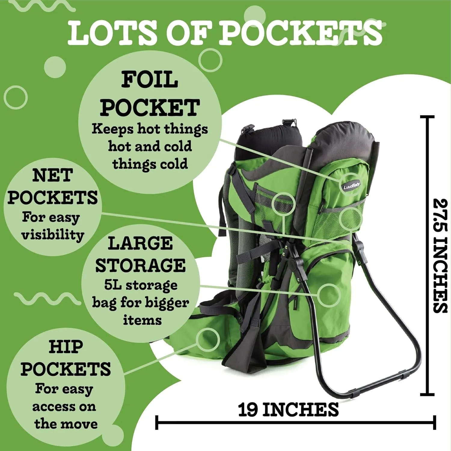 Green Hiking Baby Carrier Backpack System with Diaper Change Pad, Insulated Pocket   Hood to Protect Your Child