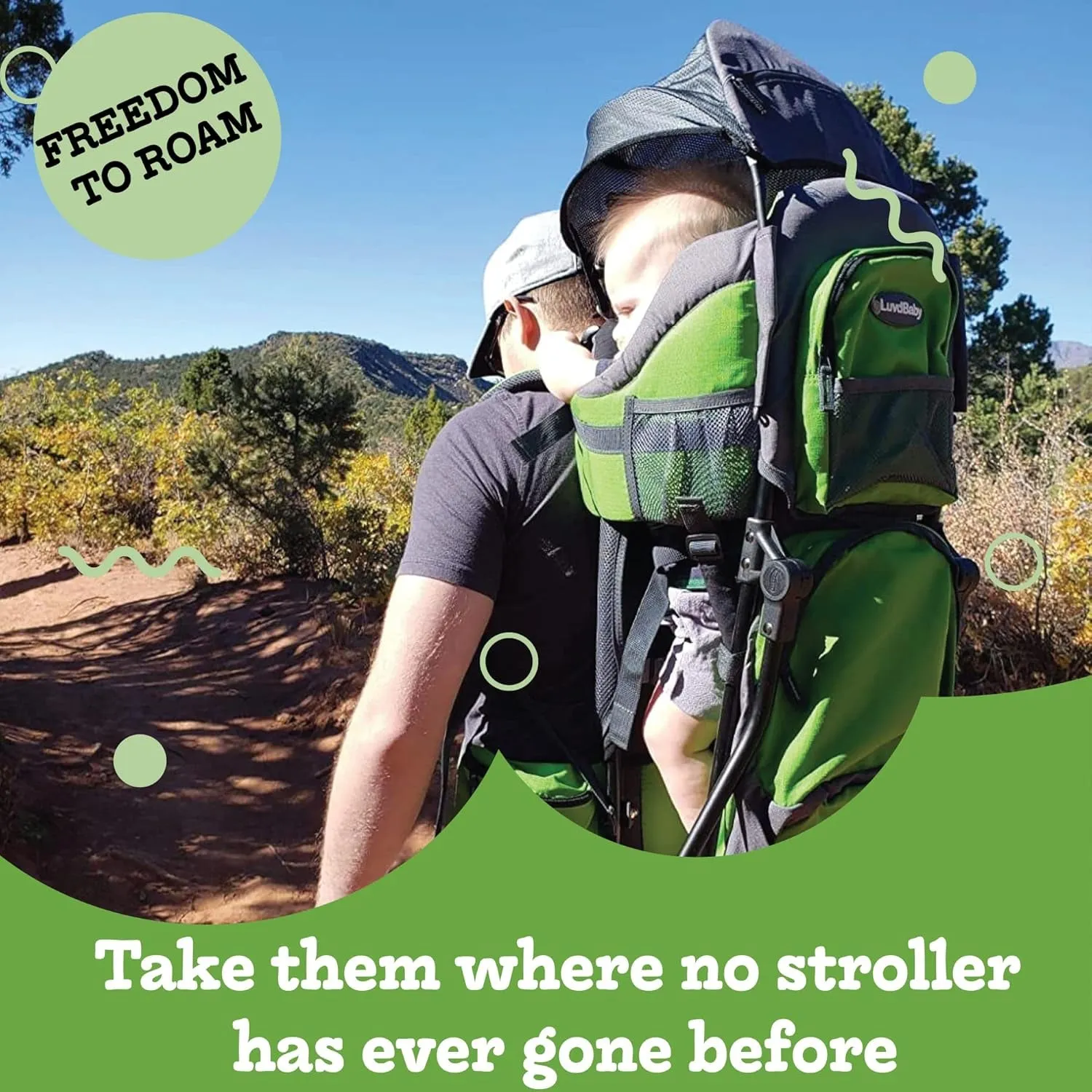 Green Hiking Baby Carrier Backpack System with Diaper Change Pad, Insulated Pocket   Hood to Protect Your Child