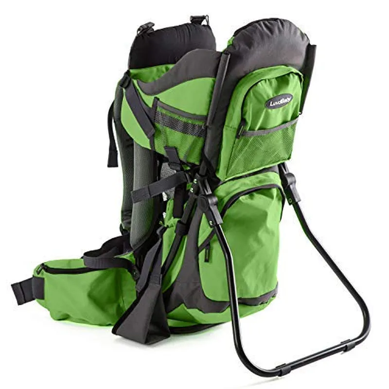 Green Hiking Baby Carrier Backpack System with Diaper Change Pad, Insulated Pocket   Hood to Protect Your Child