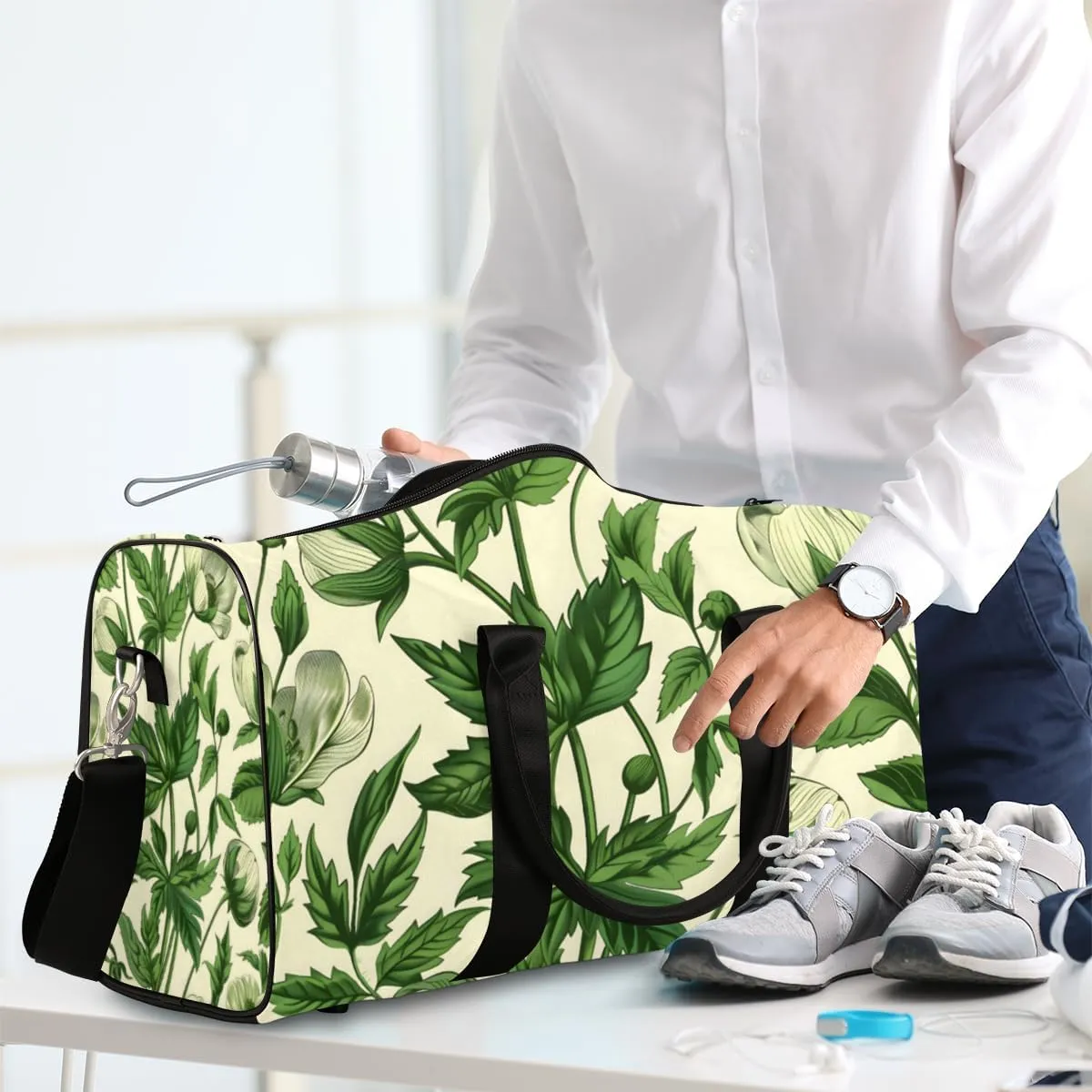 Green Leaves Travel Duffle Bag for Women Men Gym Duffel Foldable Bag Waterproof Weekender Aesthetic Plant Duffle Tote