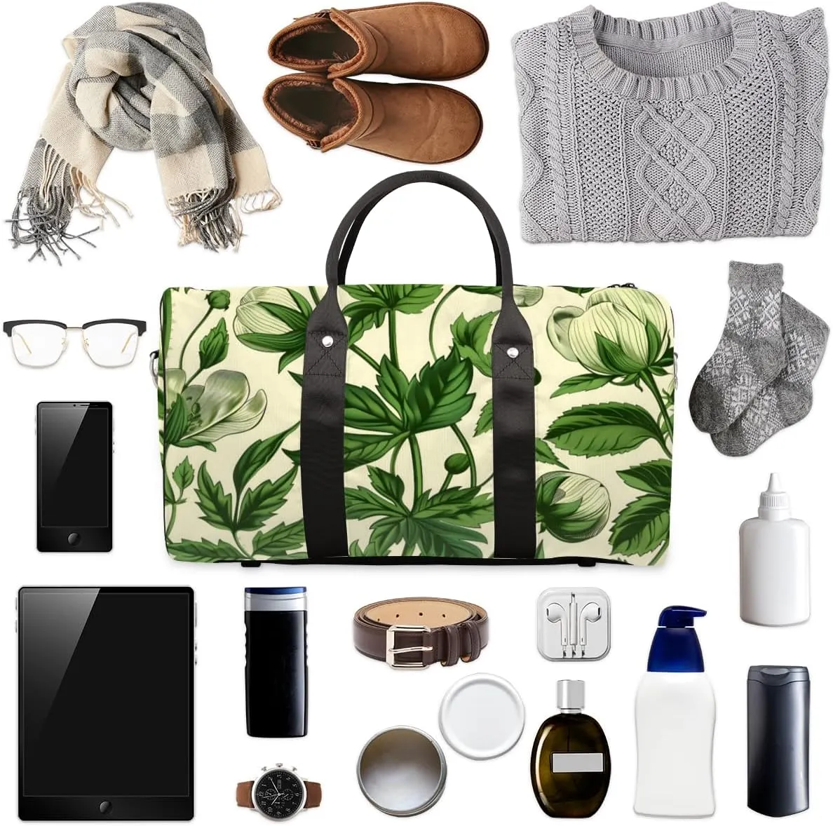 Green Leaves Travel Duffle Bag for Women Men Gym Duffel Foldable Bag Waterproof Weekender Aesthetic Plant Duffle Tote