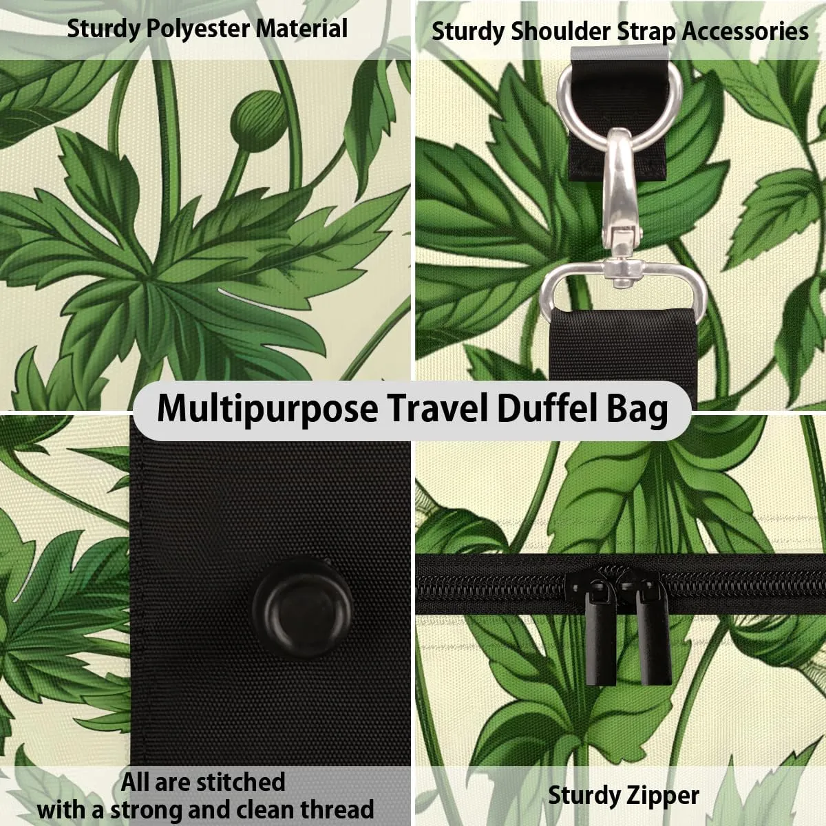 Green Leaves Travel Duffle Bag for Women Men Gym Duffel Foldable Bag Waterproof Weekender Aesthetic Plant Duffle Tote