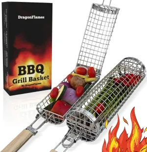 Grill Well 2.0 - Rolling Grill Basket (2 PCs) for Vegetables, Kebob, Shrimp | BBQ Grilling Accessories for Outdoor Cooking & Camping | Perfect Father's Day Gift for Men, Step Dad, Grandpa