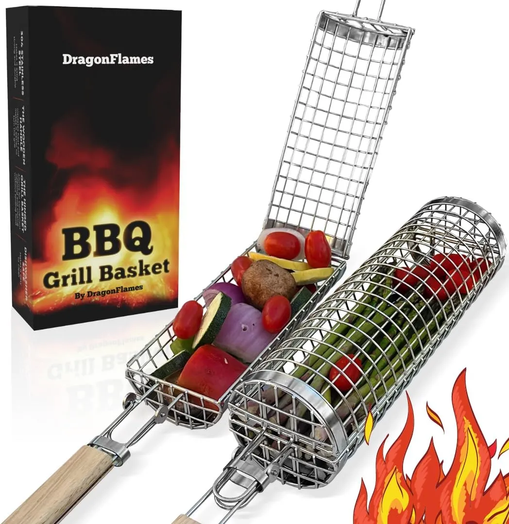 Grill Well 2.0 - Rolling Grill Basket (2 PCs) for Vegetables, Kebob, Shrimp | BBQ Grilling Accessories for Outdoor Cooking & Camping | Perfect Father's Day Gift for Men, Step Dad, Grandpa